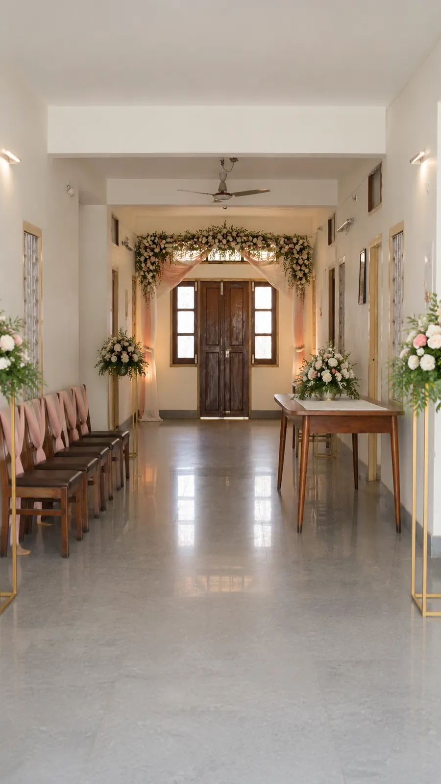 The flower-lined hall aisle