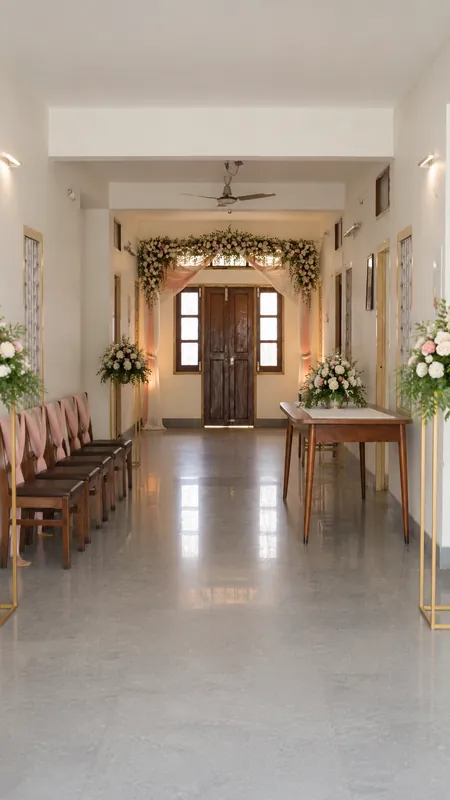 The marriage hall aisle, decorated with flowers for a wedding