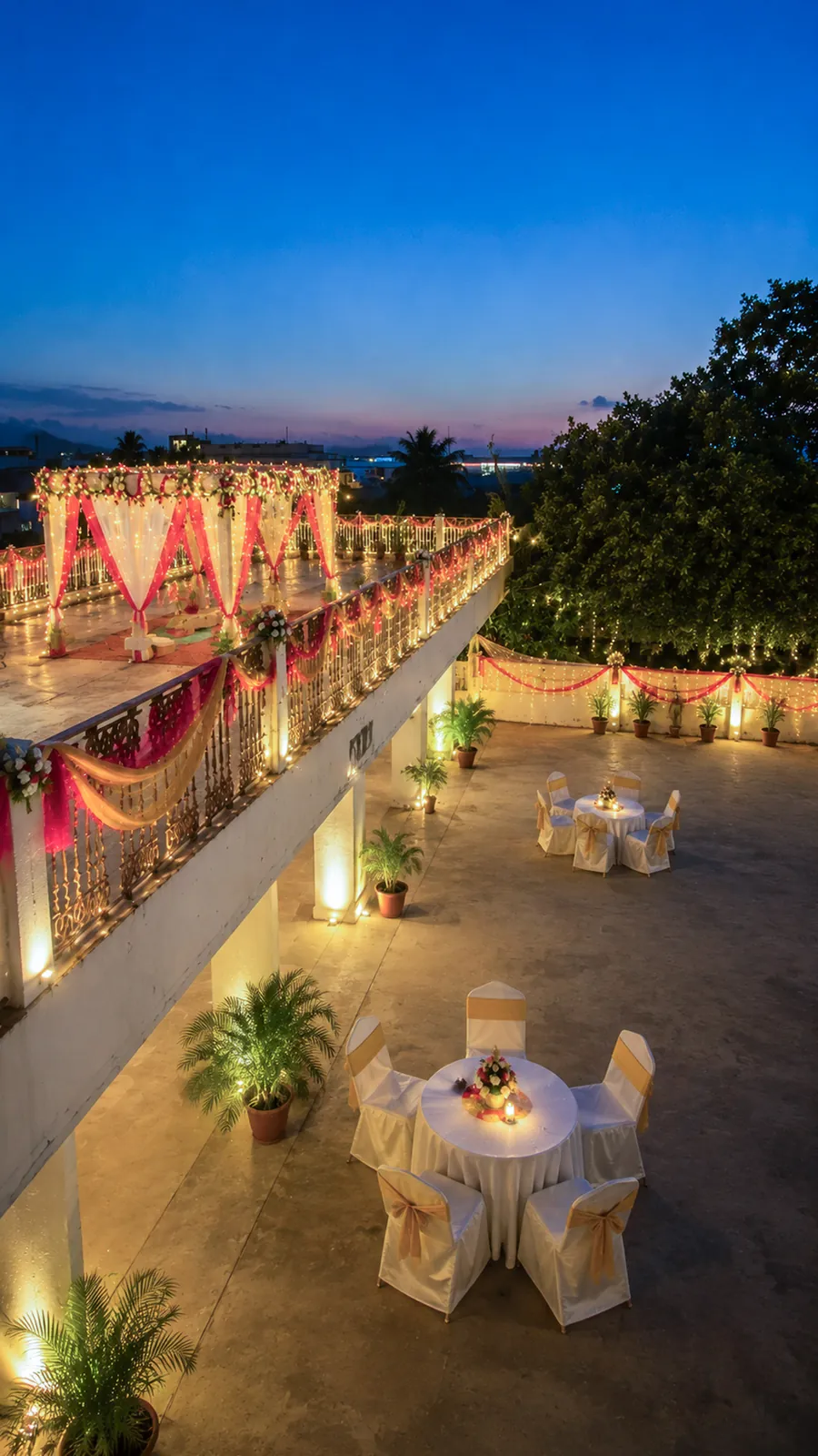 Rooftop at dusk with warm string lights